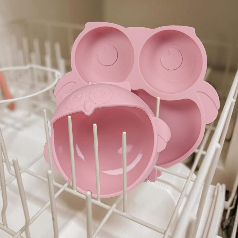 IDVVSSX Owl Shape Silicone Baby Feeding Set, Toddler Suction Plates and Bowls Set with Spoons, Kids Silicone Dinnerware Set Eating Utensils, Pink - Image 4